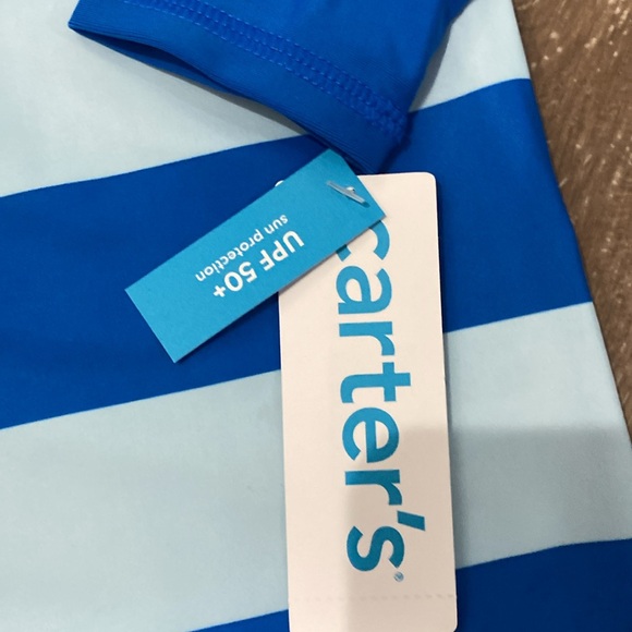 NEW!!! CARTER’S ONE PIECE LONG SLEEVED SWIMSUIT blue stripes w/ ted crab UPF 50+ - Picture 2 of 3